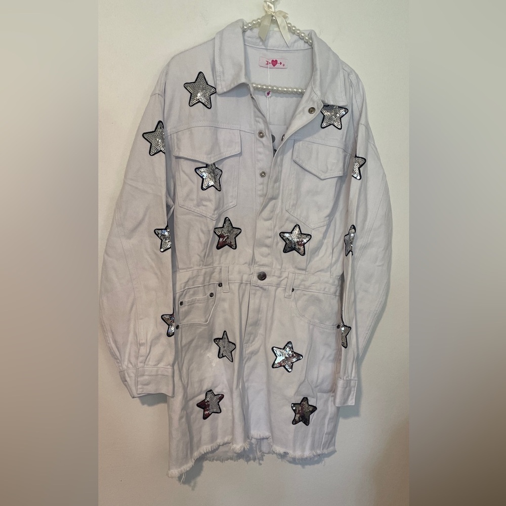 Buddy Love Raelynn Coastal Cowgirl Denim White Sequins Star Mini Dress NWT